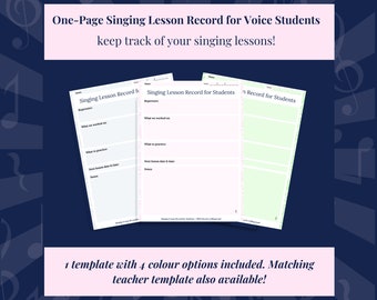 Plantilla de registro de lección de canto de una página para estudiantes de voz/canto / plantilla de descarga digital