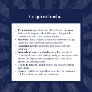 Puede incluir: Una lista de pasos para crear contenido para las redes sociales. Los pasos incluyen: Presentaci&oacute;n, Mis ideas, Calendario, Investigaci&oacute;n de palabras clave, Detalles del contenido y Revisi&oacute;n.