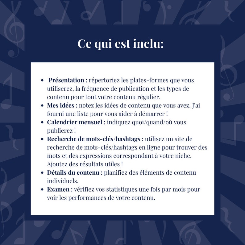 Puede incluir: Una lista de pasos para crear contenido para las redes sociales. Los pasos incluyen: Presentaci&oacute;n, Mis ideas, Calendario, Investigaci&oacute;n de palabras clave, Detalles del contenido y Revisi&oacute;n.