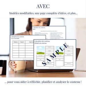 Puede incluir: Una computadora port&aacute;til muestra una plantilla de calendario de contenido con las palabras "Calendrier de contenu" y "Details du contenu" en franc&eacute;s. La plantilla est&aacute; dividida en secciones para plataforma, frecuencia, tipo de contenido, fecha, tema y descripci&oacute;n. La computadora port&aacute;til est&aacute; sobre una mesa de madera con una taza blanca.
