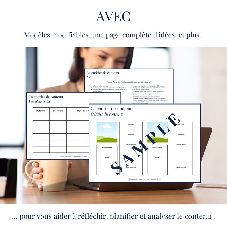 Puede incluir: Una computadora port&aacute;til muestra una plantilla de calendario de contenido con las palabras "Calendrier de contenu" y "Details du contenu" en franc&eacute;s. La plantilla est&aacute; dividida en secciones para plataforma, frecuencia, tipo de contenido, fecha, tema y descripci&oacute;n. La computadora port&aacute;til est&aacute; sobre una mesa de madera con una taza blanca.