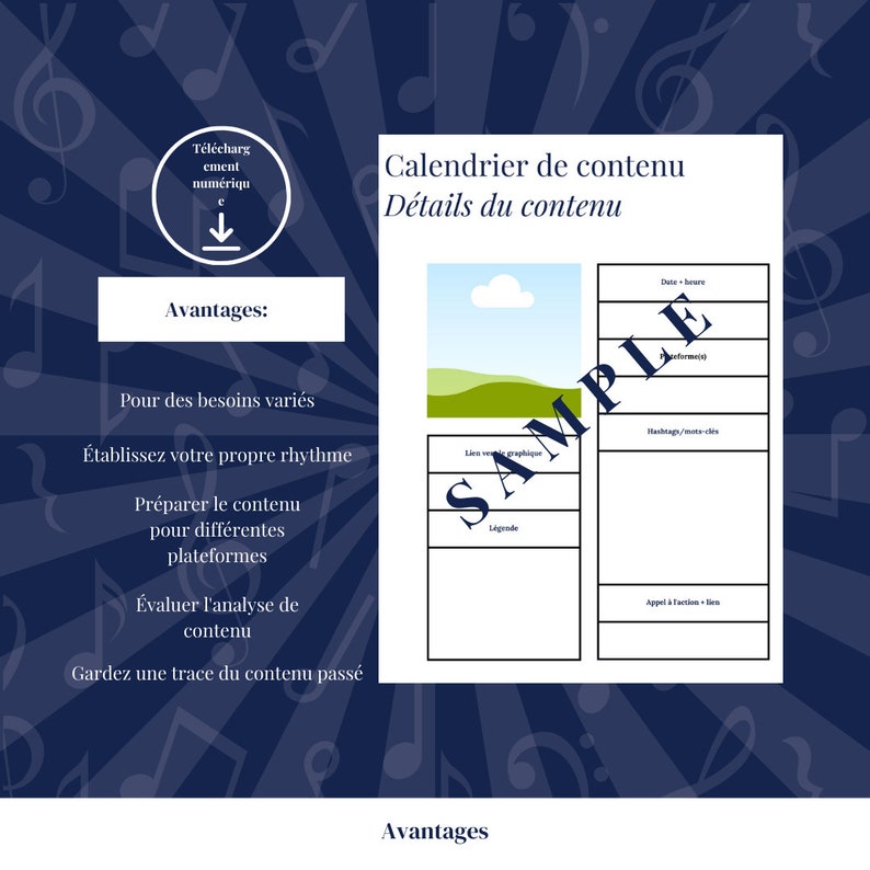 Puede incluir: Una ilustraci&oacute;n azul y blanca de una plantilla de calendario de contenido con el texto "Calendrier de contenu" y "D&eacute;tails du contenu". La plantilla incluye secciones para la fecha y la hora, el rendimiento, el hashtag/palabras clave y la llamada a la acci&oacute;n/enlace. La ilustraci&oacute;n tambi&eacute;n incluye un paisaje verde con una nube blanca.