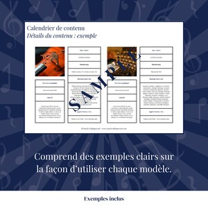 Puede incluir: Una plantilla de calendario imprimible azul y blanca con el texto "Calendrier de contenu" y "D&eacute;tails du contenu : exemple". El calendario tiene dos ejemplos de ideas de contenido, uno con un viol&iacute;n y el otro con un escenario de teatro.