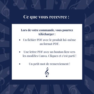 Puede incluir: Un cuadro de texto azul y blanco con el texto "Ce que vous recevrez :" y una lista de los art&iacute;culos que recibir&aacute; al comprar un producto. La lista incluye un archivo PDF con el producto, una carta PDF con un bot&oacute;n para acceder a las plantillas de Canva y una nota de agradecimiento.