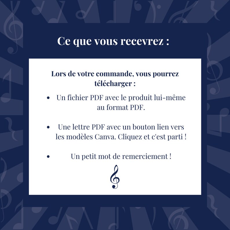Puede incluir: Un cuadro de texto azul y blanco con el texto "Ce que vous recevrez :" y una lista de los art&iacute;culos que recibir&aacute; al comprar un producto. La lista incluye un archivo PDF con el producto, una carta PDF con un bot&oacute;n para acceder a las plantillas de Canva y una nota de agradecimiento.