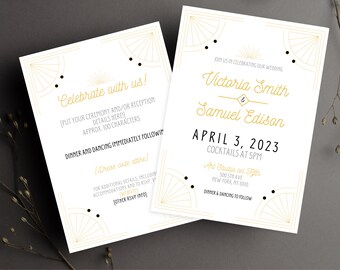 Art Deco White Printable Wedding Invitation - Custom Accent Color