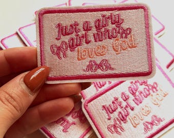Squared “Just a girly who loves God” Iron-on patch - 3 in / trucker hats / jean jacket accessories / faith base/patches / gift idea / diy