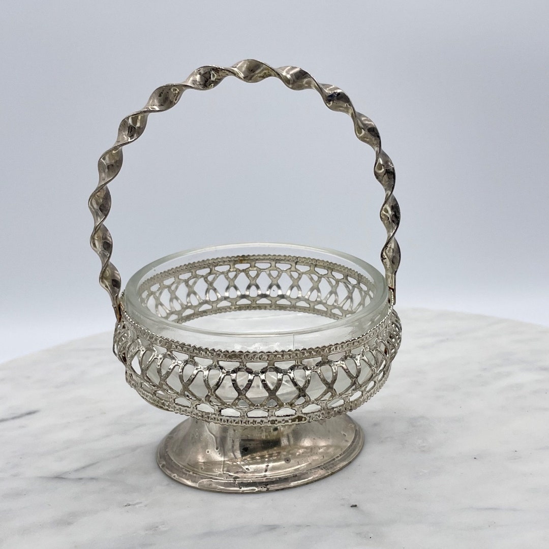 Hand Blown Candy Dish Silver Plate Glass Bowl Nut Rose Basket Twisted Handle Etsy