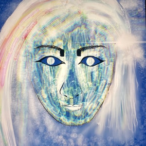 May include: Digital art portrait of a face with blue eyes, eyebrows, and lips. The face has a blue and white color scheme with a textured effect. The hair is white and the background is blue.