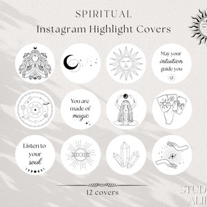 May include: Twelve black and white illustrations for Instagram highlight covers with spiritual themes. The illustrations include a crescent moon, a sun, a woman meditating, a hand holding tarot cards, a crystal, and a hand holding a sun.