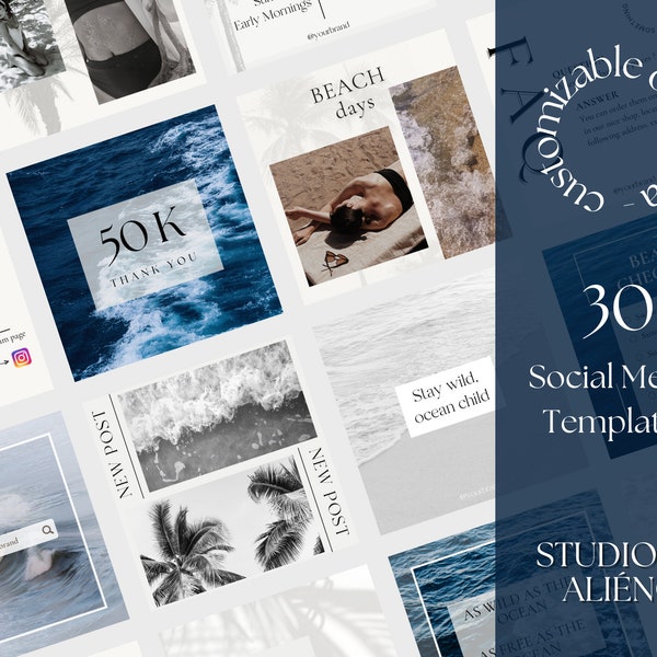 30 Instagram Beach Template Bundle| Editable on Canva| Social Media Post Story| Ocean Wave Sea Minimal Aesthetic| Blogger Engagement IG Kit