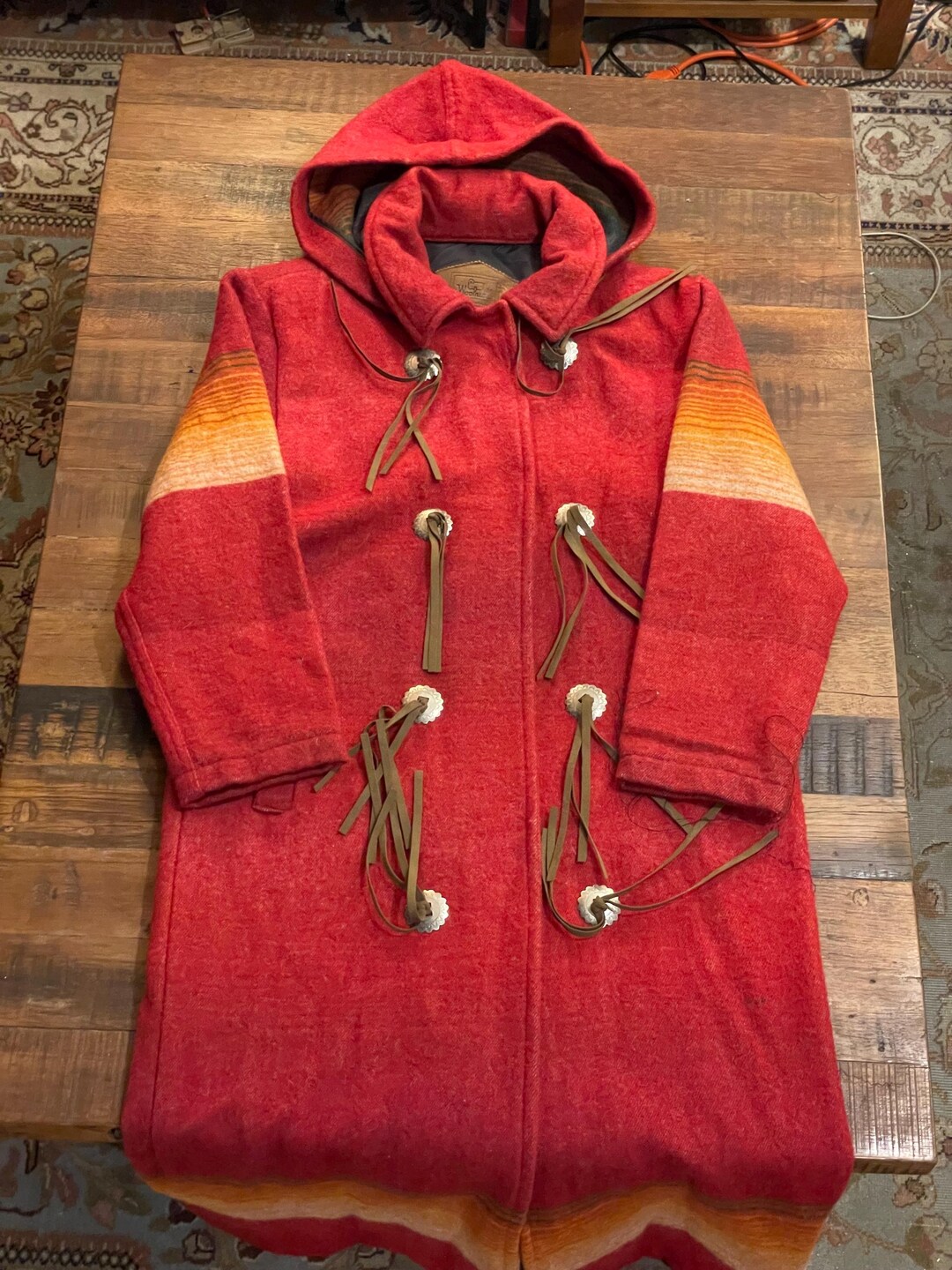 VTG 90s COZY WOOL AZTEC PATTERN BLANKET COAT JACKET NAVAJO STYLE 50” XXL main image 0