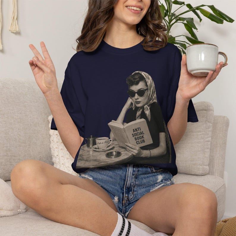 Retro Audrey Hepburn Style Woman Reading 'Anti Social Social Club' Shirt image 17