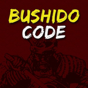 以下が含まれることがあります： 刀を持った侍のデジタルイラスト。画像は、伝統的な日本の模様が施された赤い背景に設定されています。画像の上部には「BUSHIDO CODE」というテキストが黄色で書かれています。武士の下には「武士道」というテキストが金色で書かれています。画像の下部には「• GI. YU. JIN. REI. ΜΑΚΟΤΟ • MEIYO. CHUGI. JISEI」というテキストが金色で書かれています。