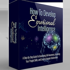 Puede incluir: Una cubierta de libro azul con el título "How To Develop Emotional Intelligence" en texto blanco. La cubierta presenta una imagen estilizada de un cerebro con luces brillantes y el texto "A Step-By-Step Guide To Developing Self-Awareness, Improving Your People Skills, and Creating Happier Relationships."