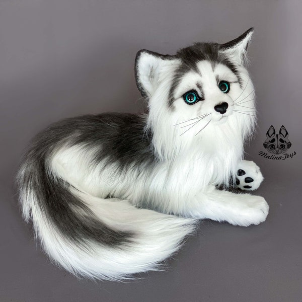 Stuffed Marble Fox, OOAK toy, Fully movable toy, Handmade collectible realistic toy,Arctic Fox plush