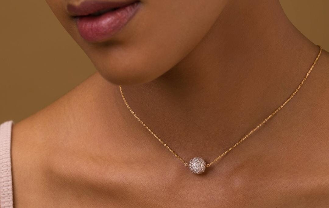 Pave Diamond Ball, Tiny Pave Diamond Ball, Diamond Necklace, Dainty