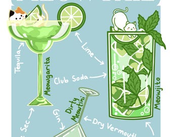 5 Cat Cocktail Print, Home Bar Art, Meowtail, Trendy Wall Art, Drink Print