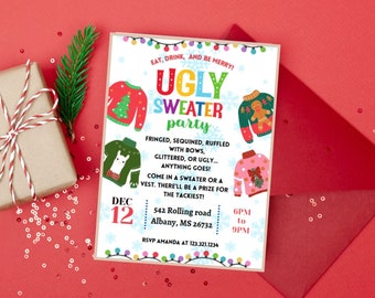 May include: A Christmas-themed invitation for an "Ugly Sweater Party" with colourful sweater designs. The invitation includes details like date, time, and location, along with a gift box and red envelope on a red background.
