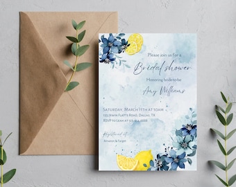 Bridal shower invitation, digital bridal shower invitation, lemons invitation, blue lemon bridal shower invitation