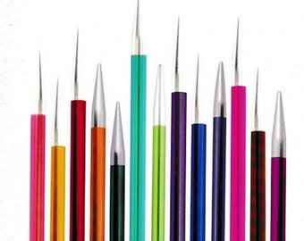 May include: A set of 15 colorful metal tools with pointed tips. The tools are arranged in a row, with the tips pointing upwards. The tools are all different colors, including pink, orange, red, green, blue, and purple.