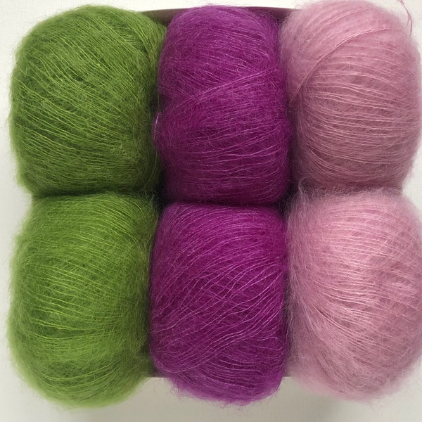 Mohair Silk yarn, Lace Mohair yarn, Green Mohair, Dusty rose silk Mohair yarn, Luxury thin Mohair yarn, Kid Silk Purple yarn