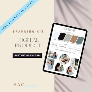 May include: A digital branding kit template displayed on a tablet screen. The template features a colour palette, fonts, and a mood board with images of people and textures. The text "YOUR LOGO" and "COLOUR PALETTE" are visible on the screen.