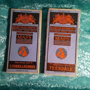 Mapas revisados de meia polegada com contornos vintage de Bartholomew, anos 30, 40, Teesdale e South Yorkshire & Humber
