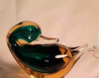 Possibly Murano Green and Amber Glass Duck, paperweight, decoration, figurine c1950s