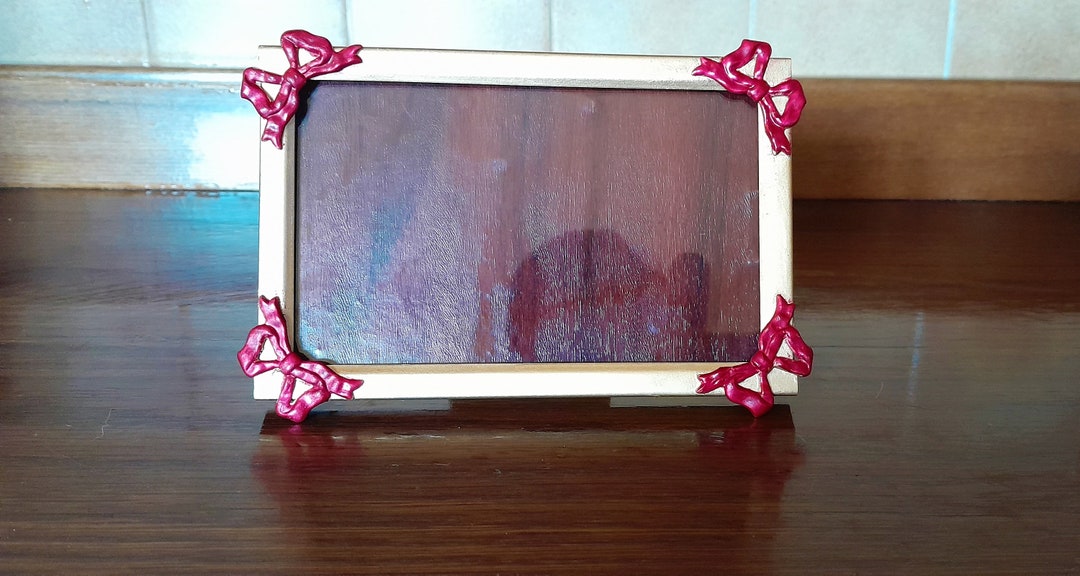 Small Upcycled Photo Frame, Paint Gold With Dark Ruby Red Bows. Etsy