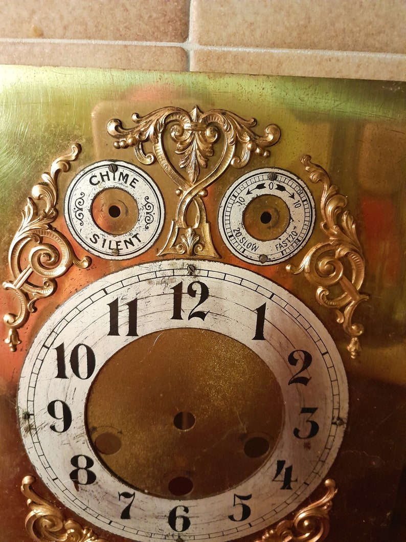 Ornate Brass Clock Face and Mount Plate, With 3 Dials for Time, Chime
