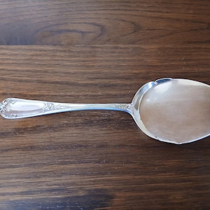 Peut inclure: Une cuillère de service argentée avec un manche orné et un grand bol ovale. La cuillère est en métal brillant et réfléchissant et repose sur une surface en bois brun foncé. La poignée présente un motif floral détaillé.