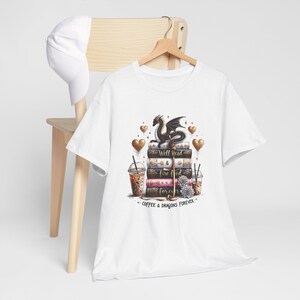 Coffee & Dragons stack of books T-Shirt | Dragon reading illustration tee