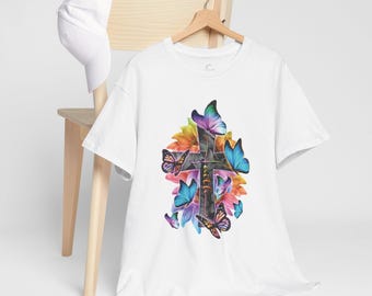 Colorful Butterfly Cross T-Shirt | Unisex Heavy Cotton Faith Apparel