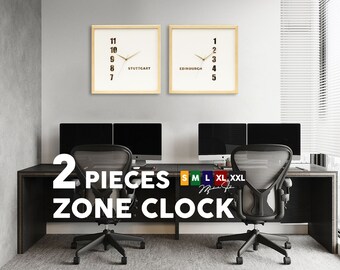 2 Piece Zone World Clock, City Clock, family gift, idea gift, nature decor, large size wall clock, wooden wall decoration, office gift