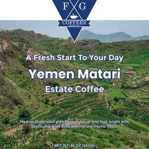 May include: A bag of Yemen Matari Estate Coffee from FNG Coffees. The bag is white with blue text and a blue triangle logo. The text reads "A Fresh Start To Your Day" and "Yemen Matari Estate Coffee". The bag is 16 ounces (454 grams).