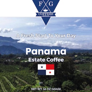 May include: A bag of Panama Estate Coffee from FNG Coffees. The bag is blue and white with a coffee cup logo and the text "A Fresh Start To Your Day". The bag is 16 ounces (454 grams).