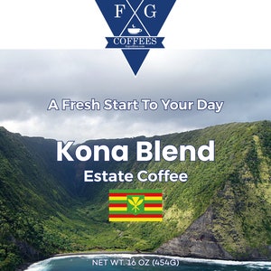 May include: A blue triangle logo with the letters FNG and the word "COFFEES" below. The text "A Fresh Start To Your Day" is above a photo of a green mountainside with a blue ocean and a beach. The text "Kona Blend Estate Coffee" is below the photo. The text "NET WT. 16 OZ (454G)" is below the text "Kona Blend Estate Coffee". The text "INGREDIENTS: 100% Arabica Coffee Beans" is below the text "NET WT. 16 OZ (454G)". The text "Roasted and Packed for FNG Coffees, Fayetteville, AR 72704" is below the text "INGREDIENTS: 100% Arabica Coffee Beans".
