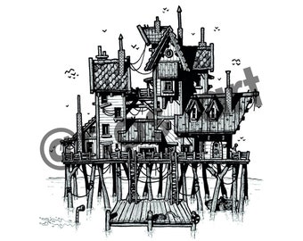 Town on Stilts - A4 print of a black and white illustration