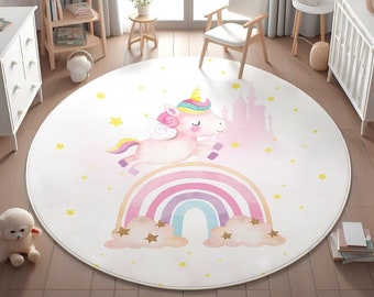 Einhorn Regenbogen Kinderteppich, runder Teppich, Baby Mädchen Teppich, rosa Einhorn Teppich für Kinderzimmer, Kleinkindteppich, Waschbarer Kinderteppich