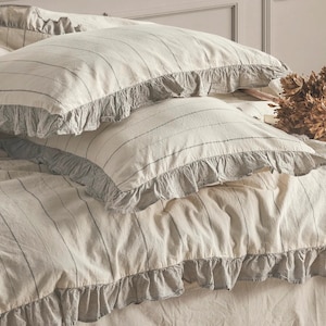 Beige 100% Cotton Ruffle Yarn Dyed Double Duvet Cover, Modern Striped Comforter and Sheet Set, Stripes Comforter Set, Quilt Fastener Gift