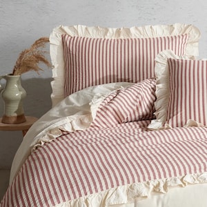 Cherry 100% Cotton Ruffle Yarn Dyed Double Duvet Cover, Modern Striped Comforter and Sheet Set, Stripes Comforter Set, Quilt Fastener Gift