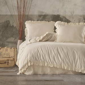 Rustic style cotton bedding with double ruffles,Ruffle Duvet Cover Set,Cotton Duvet Cover,Natural Cotton Duvet Cover Set,Housewarming Gift