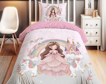 Princess and Unicorn Girls Room Bedding Set,Birthday gift, Single bedding set,Duvet Cover Set,Bedroom Decor,Toddler Bedding,Girls Bedding