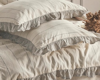 Beige 100% Cotton Ruffle Yarn Dyed Double Duvet Cover, Modern Striped Comforter and Sheet Set, Stripes Comforter Set, Quilt Fastener Gift