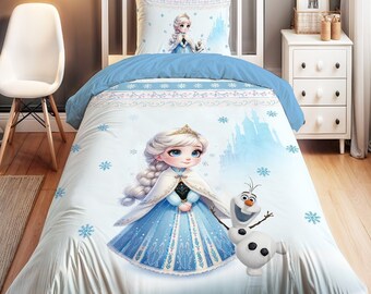 Juego de funda nórdica para niños inspirador de Elsa y Olaf, juego de cama Snow Queen Elsa, juego de funda nórdica Frozen Princess Elsa, juego de cama para habitación de niñas