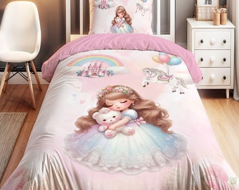 Ensemble de literie ours en peluche et petite princesse pour filles, parure de lit petite princesse pour enfants, parure de lit pour tout-petit, literie imprimée, chambre d'enfant