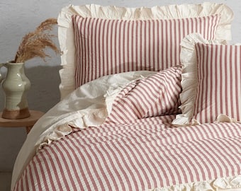 Kirschfarbenes Doppel-Bettbezug-Set aus 100 % Baumwolle mit Rüschengarn, modernes gestreiftes Bettdecken- und Bettlaken-Set, gestreiftes Bettdecken-Set, Quiltverschluss-Geschenk