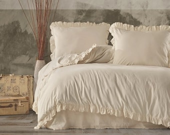 Rustic style cotton bedding with double ruffles,Ruffle Duvet Cover Set,Cotton Duvet Cover,Natural Cotton Duvet Cover Set,Housewarming Gift