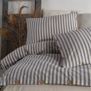 Gestreifter Bettwäsche-Set aus Baumwolle, 100% Baumwollgarn gefärbt, gewaschenes Bettwäsche-Set, weiches blaues Baumwollbettwäsche-Set, blaues, gemütliches Baumwollbettwäsche-Set
